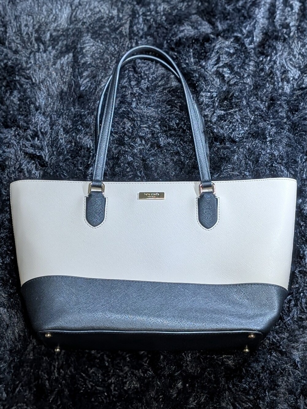 Kate Spade New York Black & Cream Colorblock Saffiano Leather Tote Bag Purse